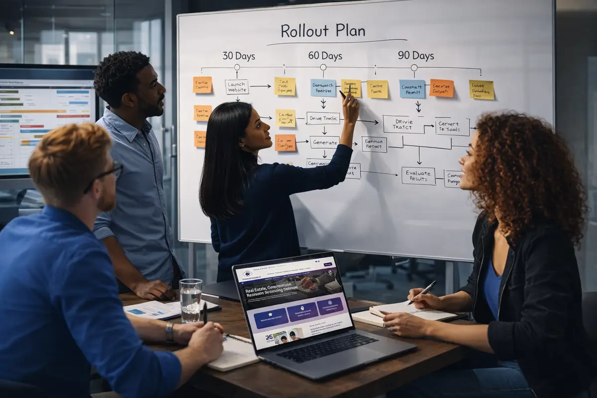 Marketing rollout plan on whiteboard showing 30 60 90 day milestones