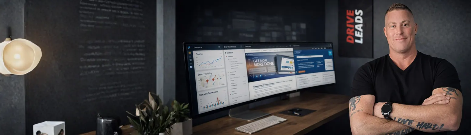 Jeremy Thompson at Revolution Web Studios office with analytics dashboards