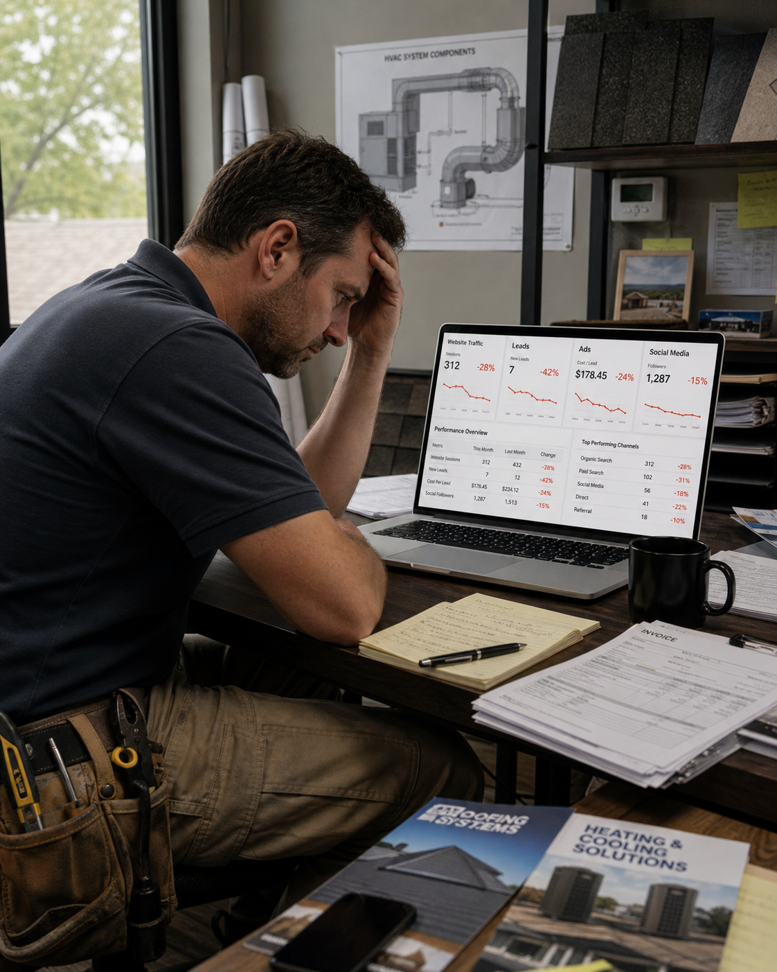 Business owner frustrated by declining marketing results