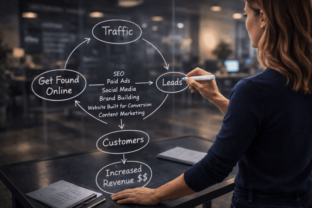 Female drawing Digital Marketing Strategy Flow Chart